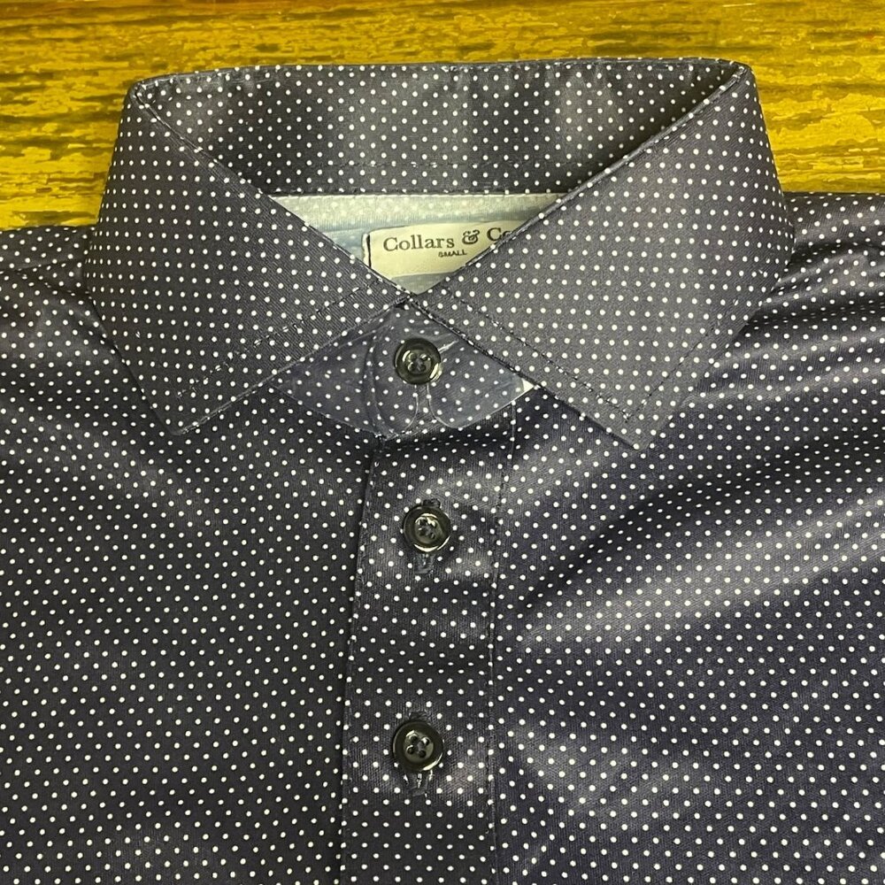 Collars & Co Semi-Spread Collar Polo Short Sleeve SM Dark Blue Micro Polka Dot - Picture 4 of 6